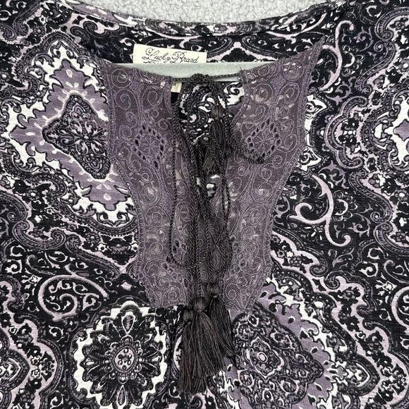 Lucky Brand Black Purple Paisley‎ Lace Tassel Tie Peasant Blouse Size Large - Picture 3 of 13